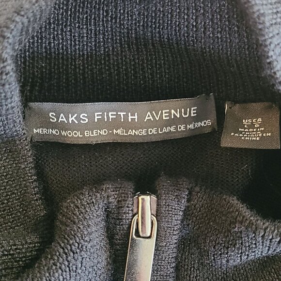 Saks Fifth Avenue Black Sweater Merino Wool Blend Pullover 1/4 Zip L NEW Staple - Picture 5 of 8